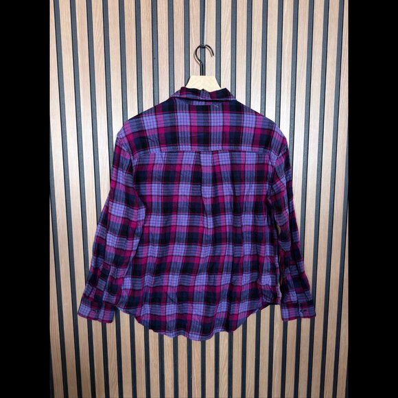 Calvin Klein Shirt Small Womens Purple Pink Plaid Henley Plaid Wester Collared - Picture 2 of 8
